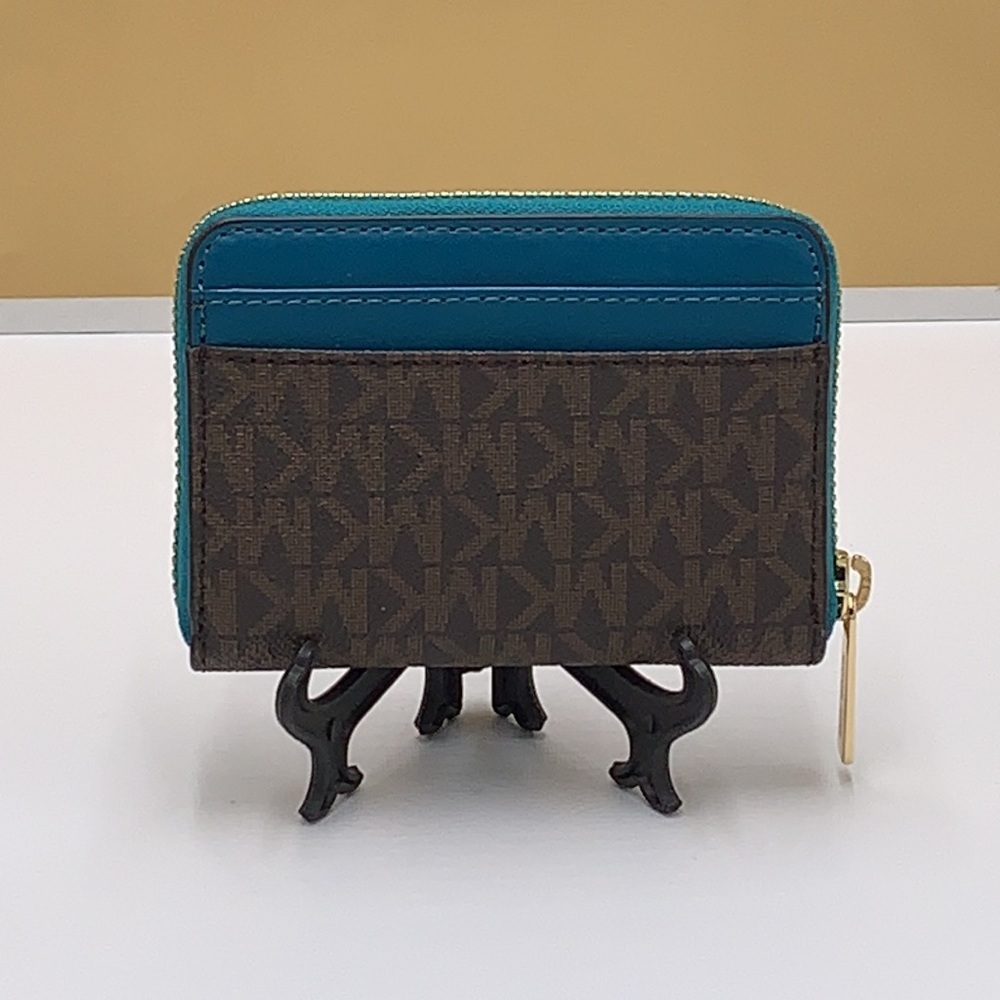 MICHAEL KORS JET SET TRAVEL MEDIUM ZIP AROUND CARD CASE LAGOON/BROWN SIGNATURE - Picture 7 of 12